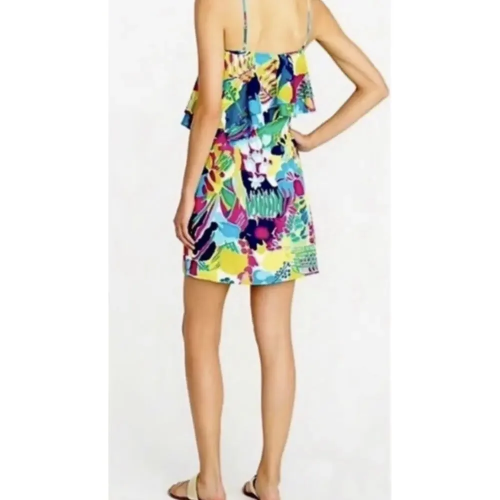 J.Crew Dress Ruffle Front Bright Multi Floral Spaghetti Strap Midi Size 4